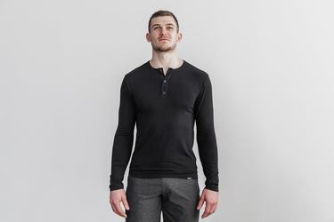 Nobull Lightweight Henley Men's Long Sleeves Black | Australia (IZ9153)